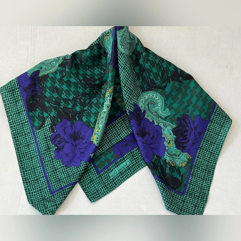 Christian Dior Autumn Green Hues Violet Floral Paisley Silk Scarf EUC